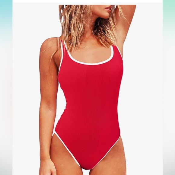 Elegant, classic ribbed, white trim, tummy control, full coverage Red Swimsuit - Picture 1 of 6